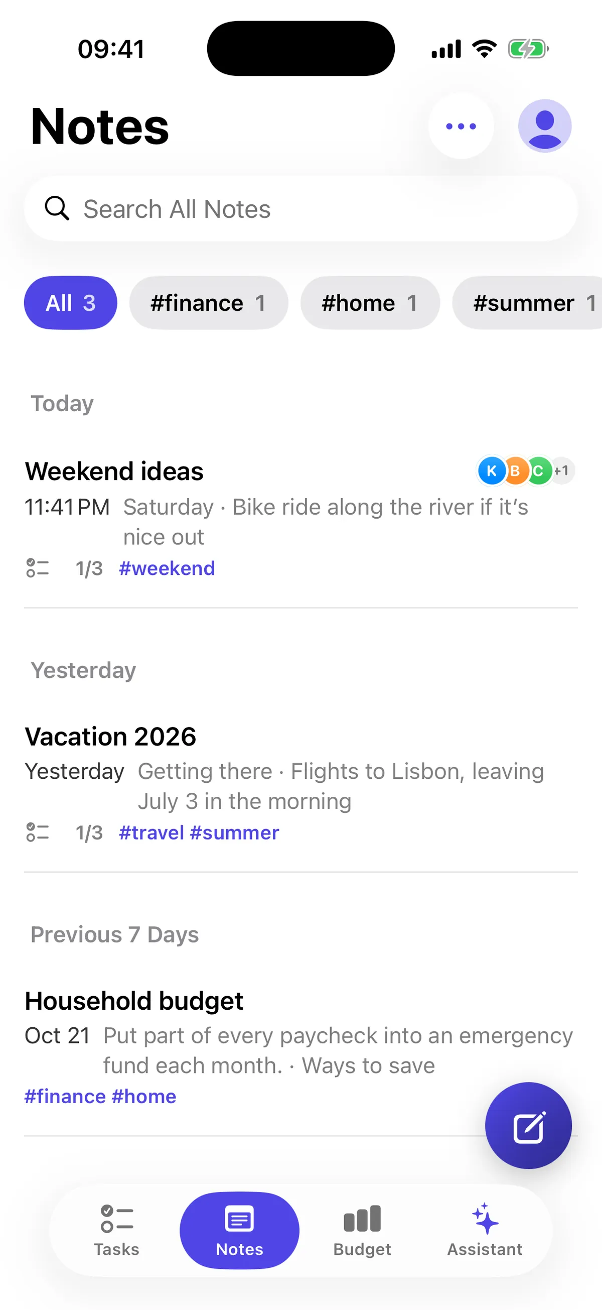 Notes in Dodo with tags and recent notes