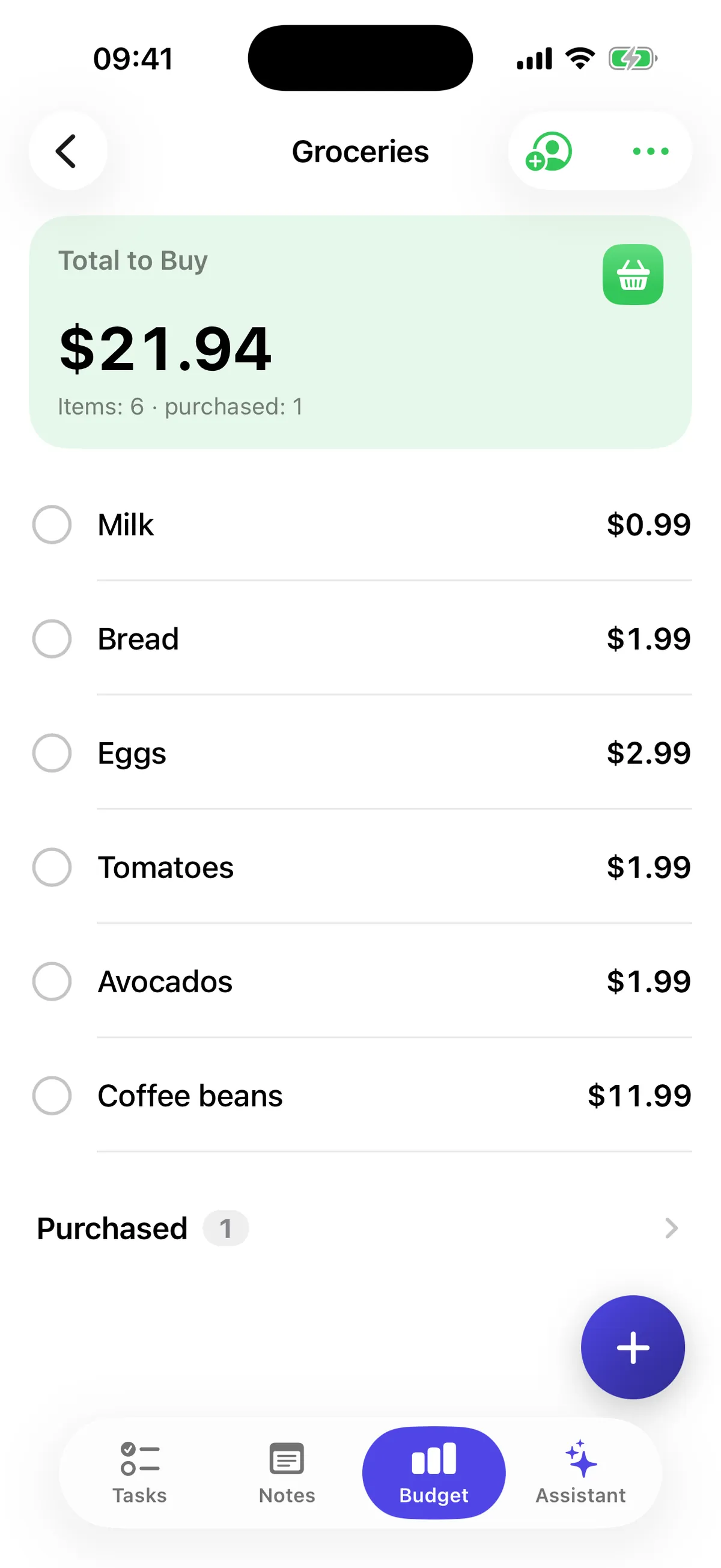 A shopping list in Dodo with prices and the total left to buy