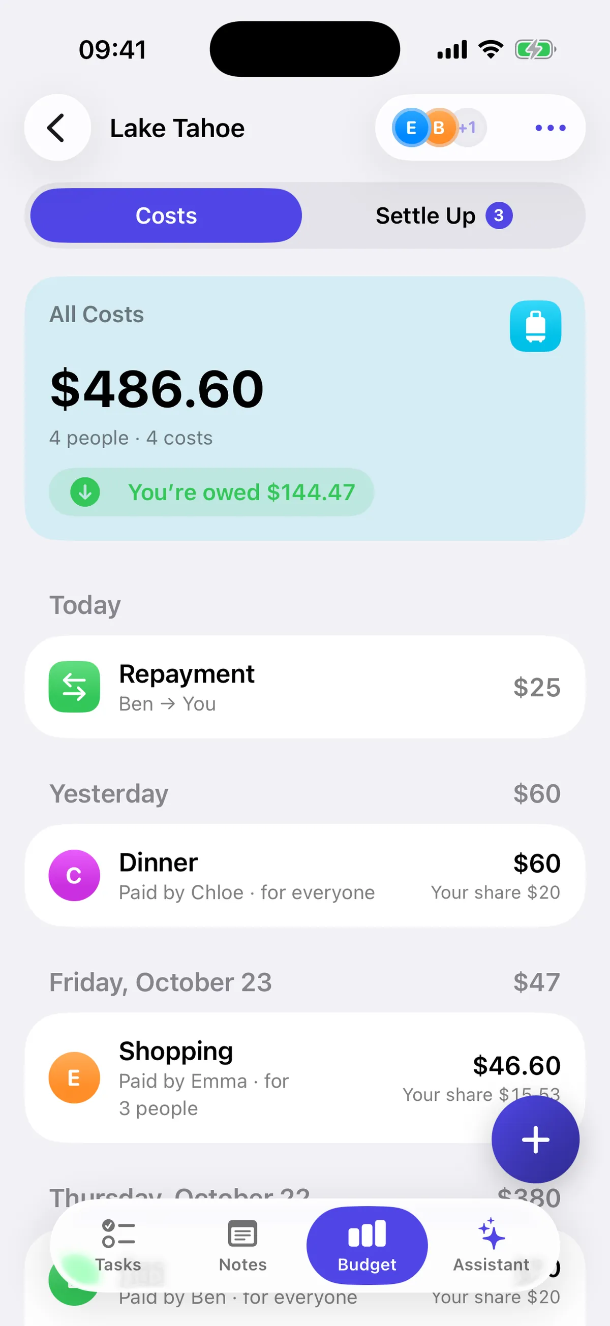 Shared Costs in Dodo: a trip's expenses split between four people
