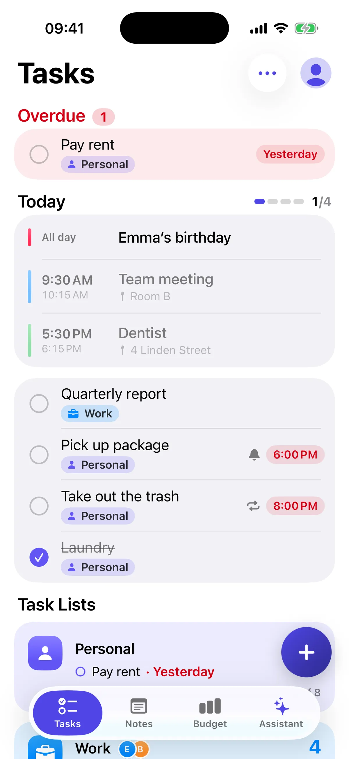 The Tasks screen in Dodo: overdue items, today's plan and task lists