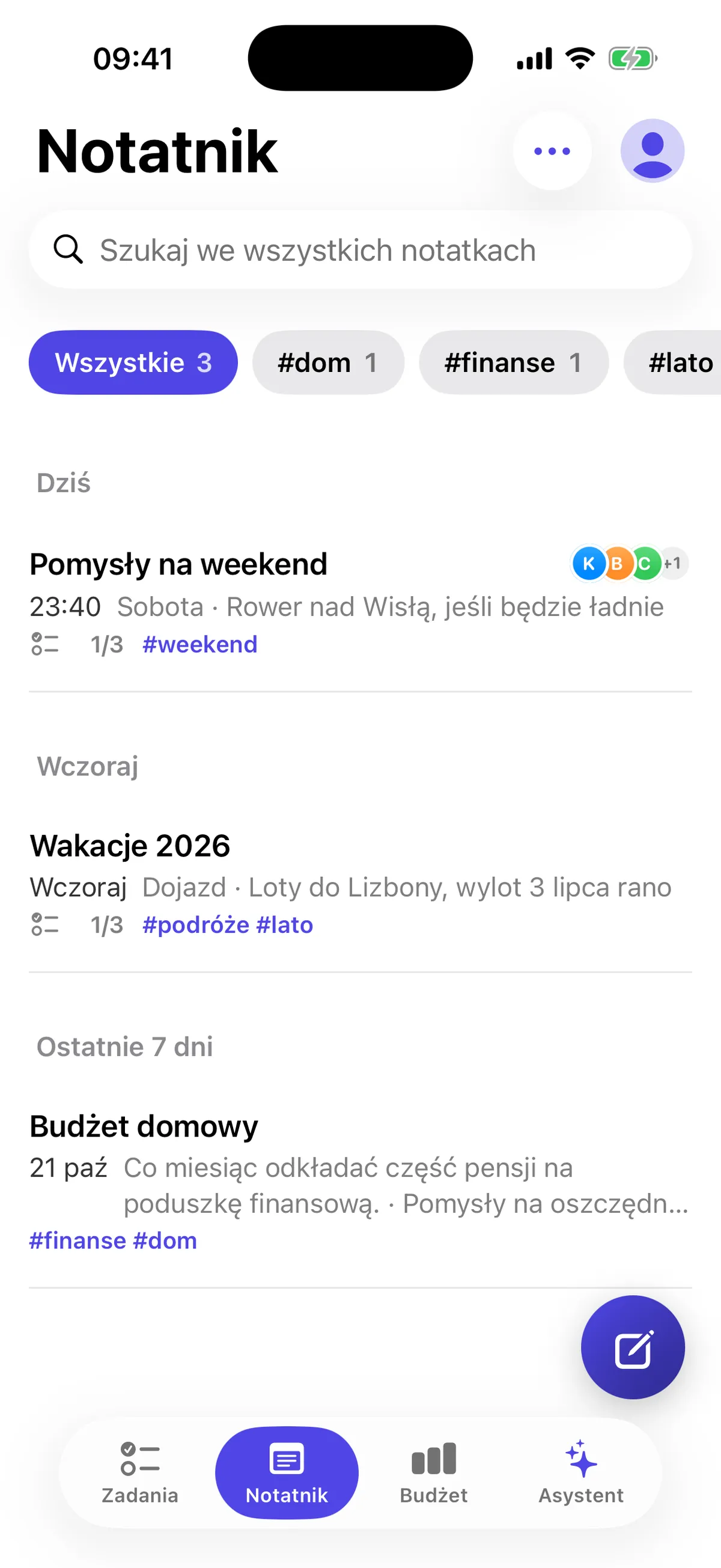 Notatnik w Dodo z tagami i ostatnimi notatkami