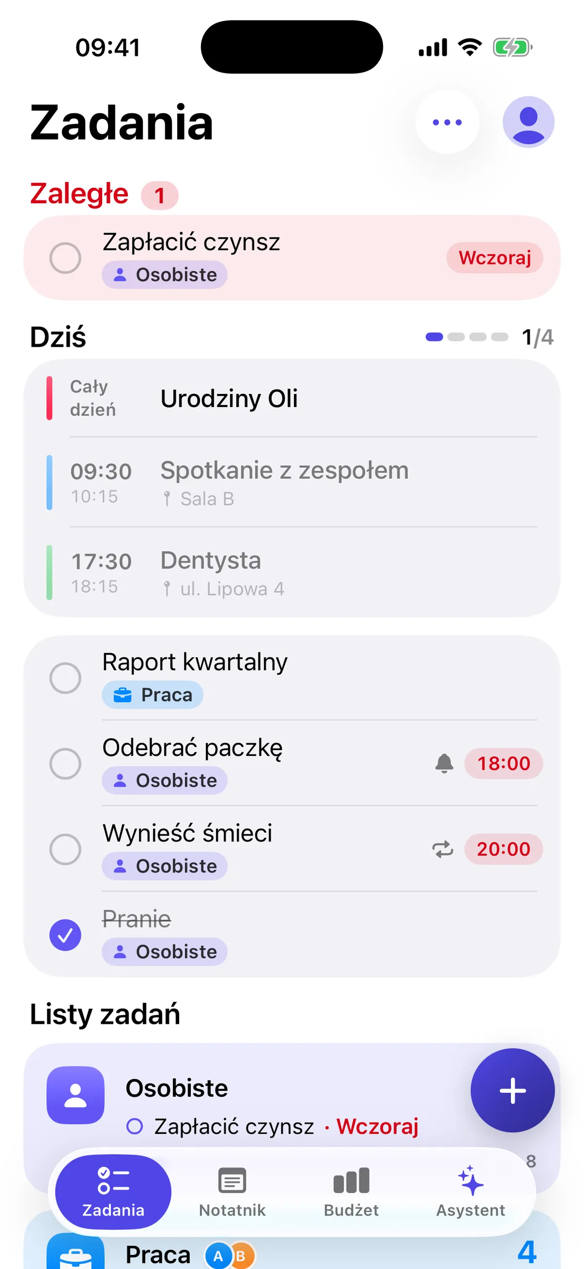 Ekran Zadania w Dodo: zaległe sprawy, plan dnia i listy zadań